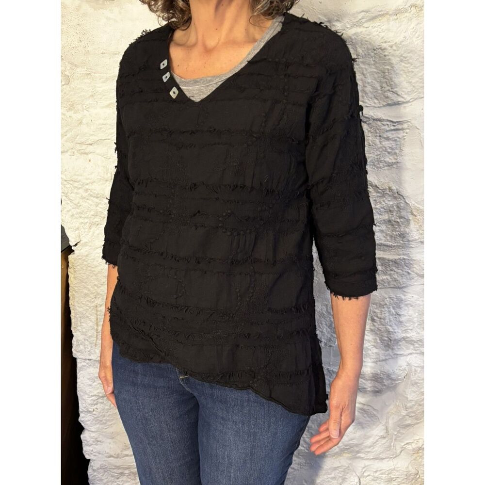 Vintage Black Textured Cotton Lagenlook Artwear Tunic Boho Top Made USA M